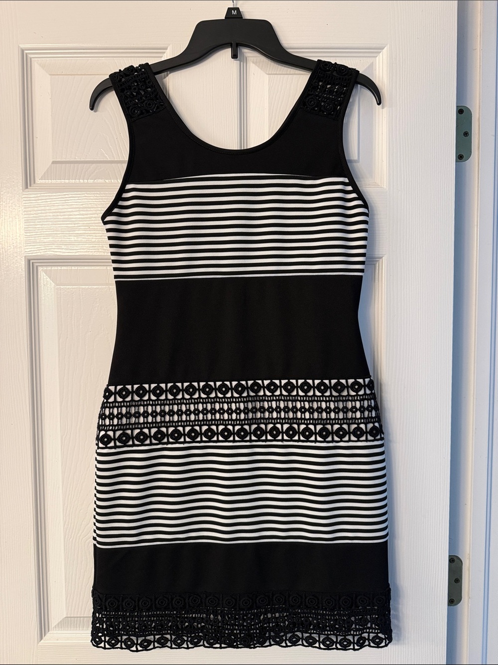 Gianni Bini Black and White Striped Mini Dress with Lace Trim